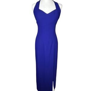 Blue Halter Maxi‎ Dress Sleeveless Open Back Side Slit Size Small Fitted Formal